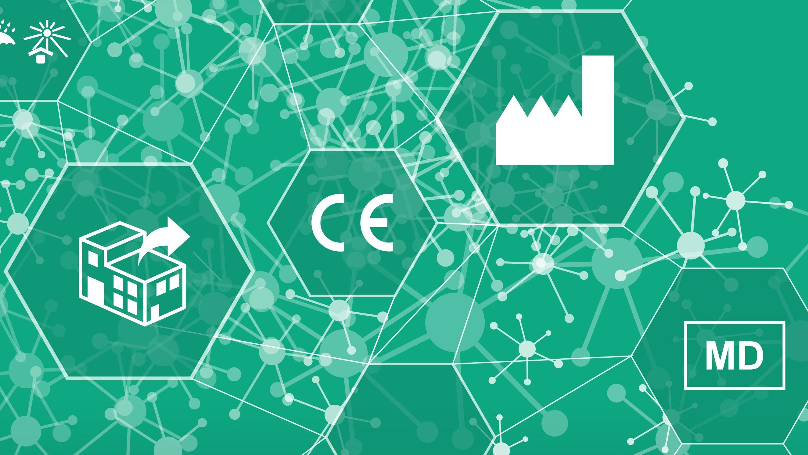 Green background, with various white symbols in the foreground